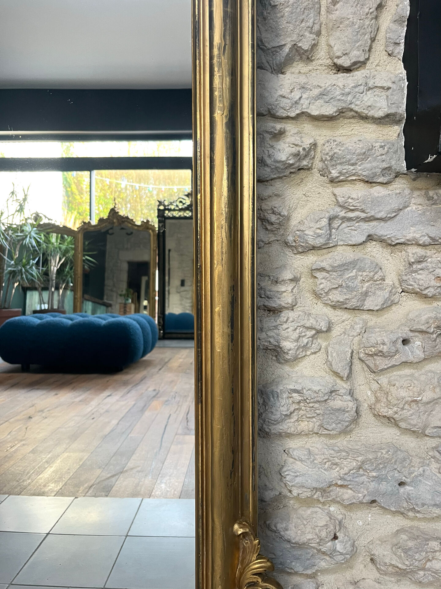 Gold leaf mirror with pediments, 219/131cm, overmantel.