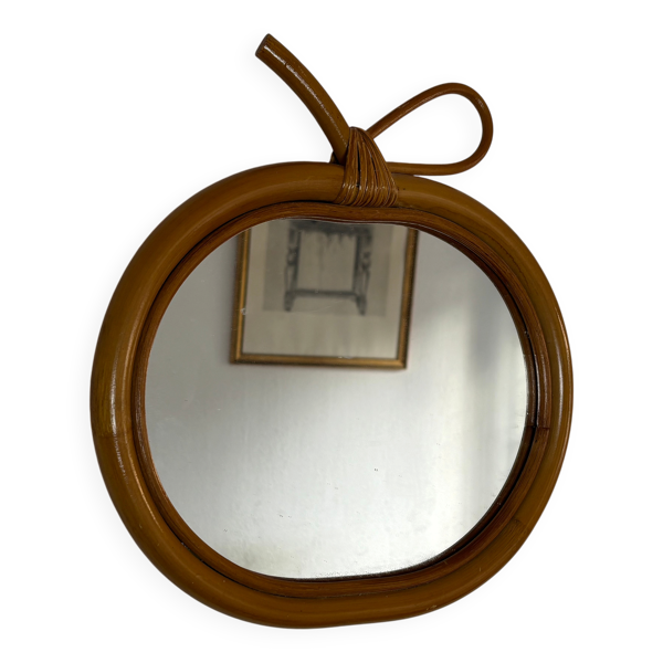 Miroir vintage 1960 pomme rotin osier bambou - 32 x 33 cm
