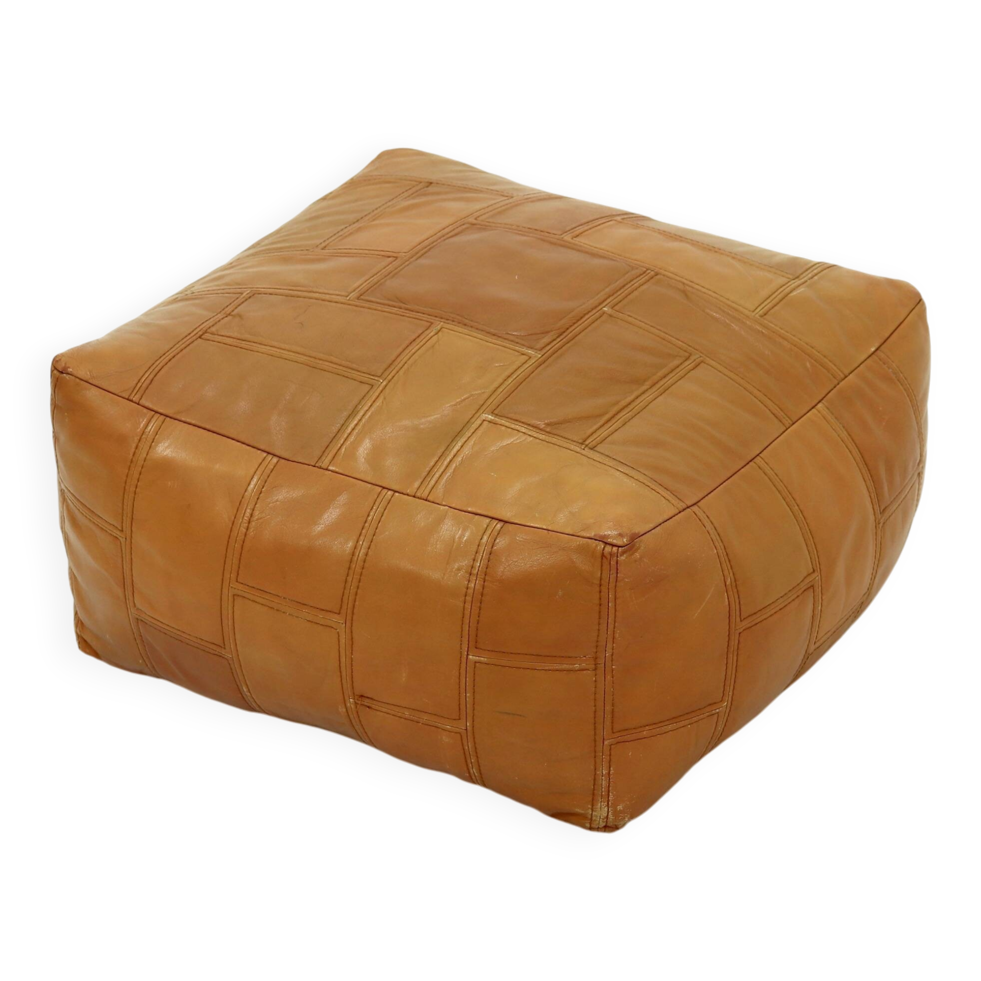 Mid-Century Patchwork Cognac Leather Pouf, 1970s