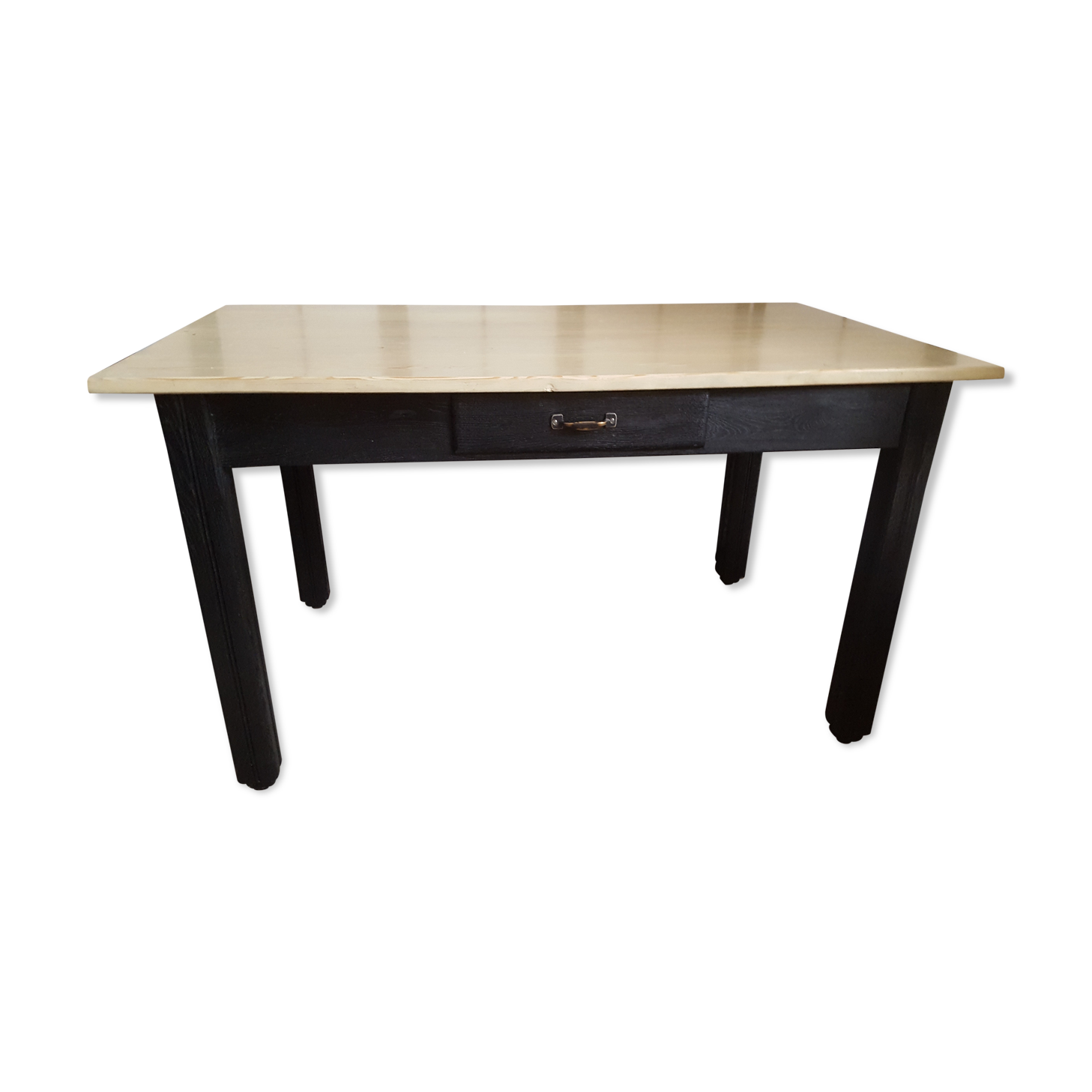 Farm table, dining, oak and pine patinated black and pale yellow
