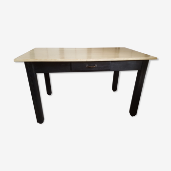 Farm table, dining, oak and pine patinated black and pale yellow