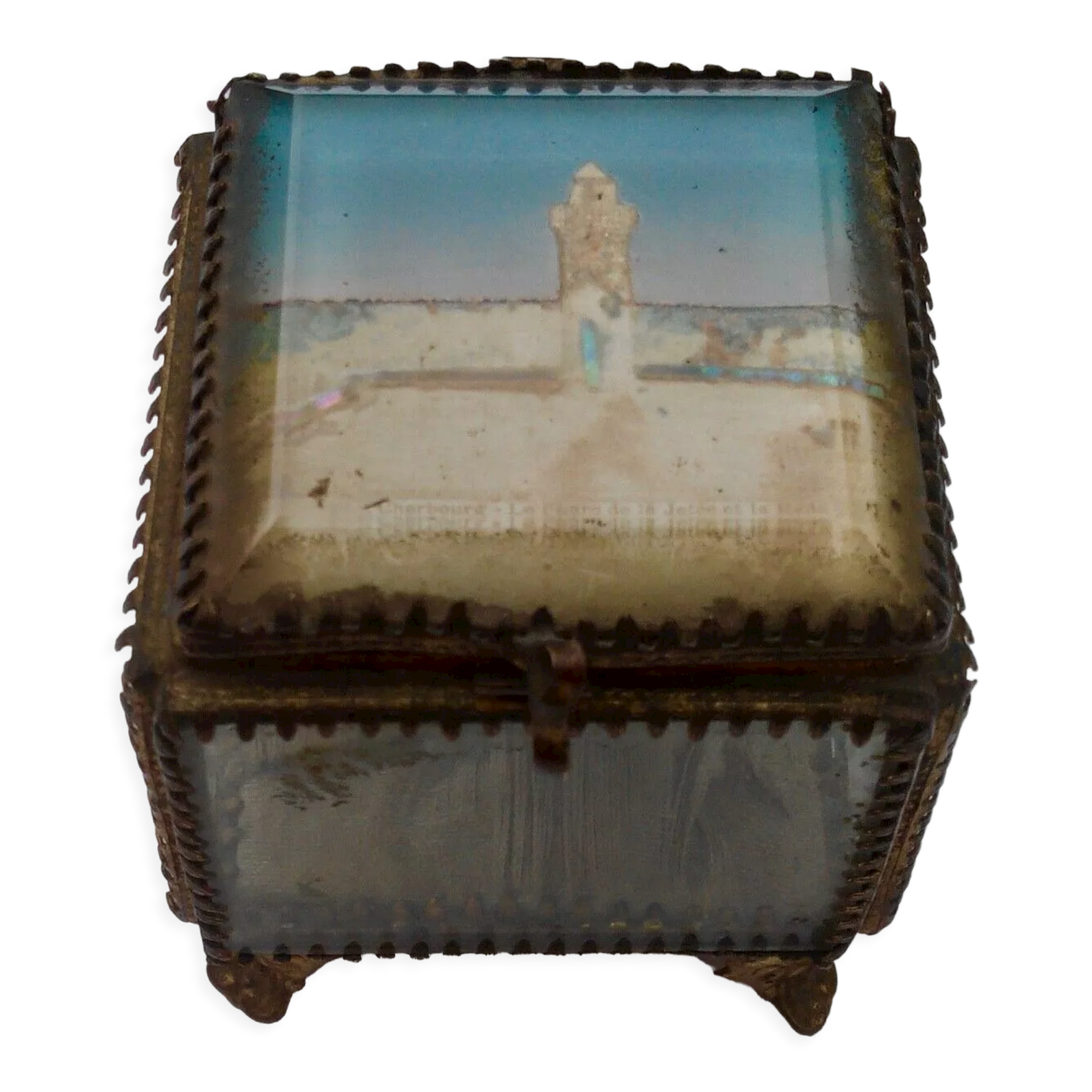 Jewel box antique, beveled glass and brass, Cherbourg the lighthouse
