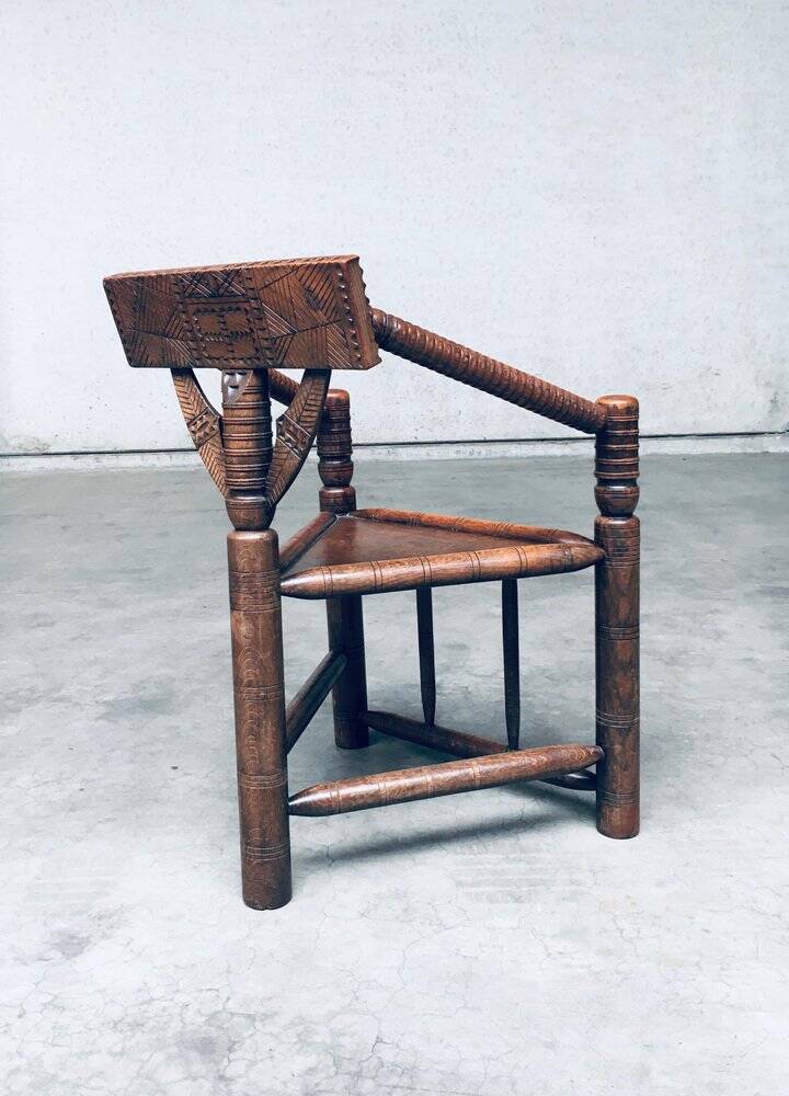 Brutalist Carved Oak Tripod Monk Chair, Sweden, 1930s