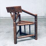 Brutalist Carved Oak Tripod Monk Chair, Sweden, 1930s