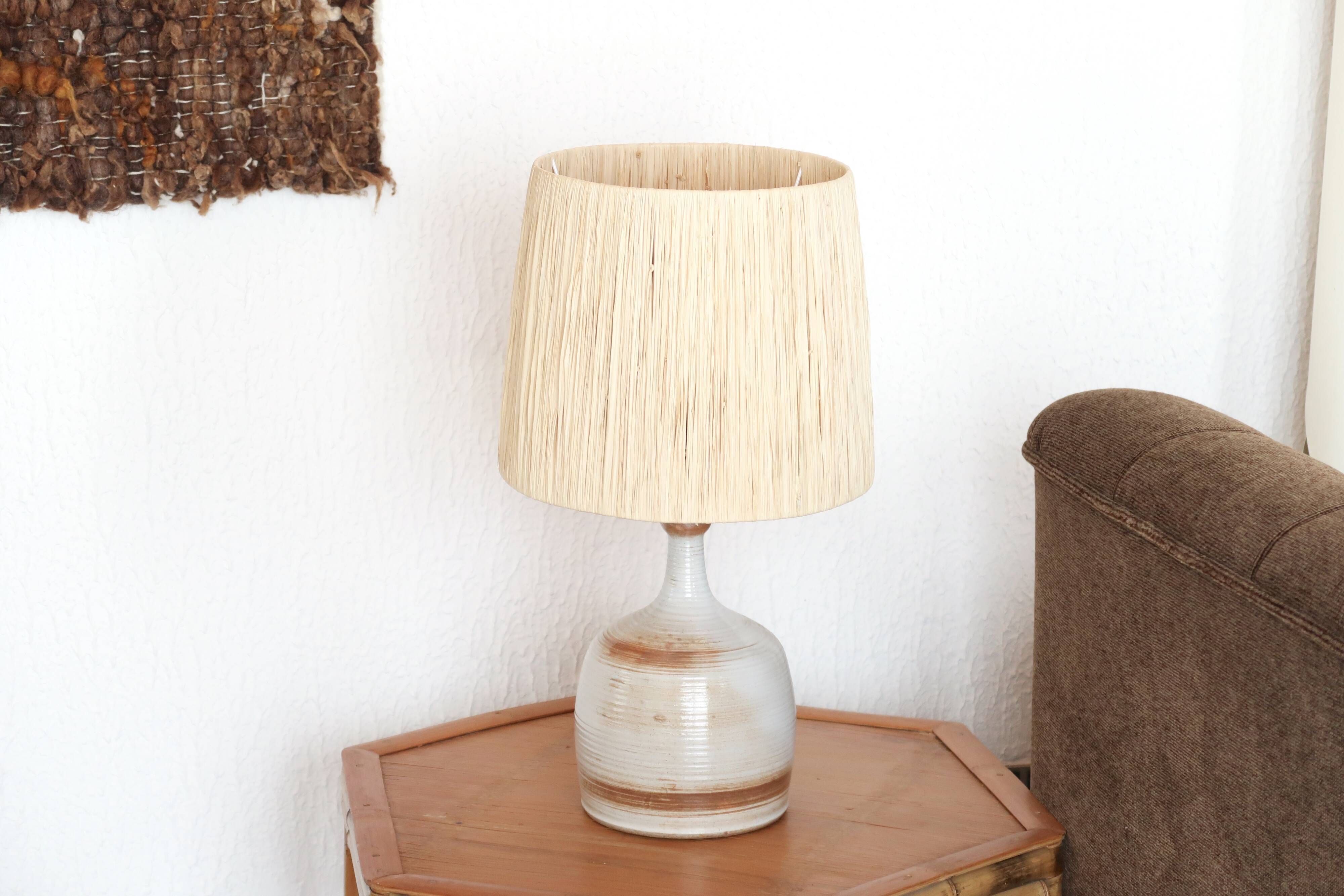 Lampe Grès du Marais, raffia lampshade, 60s