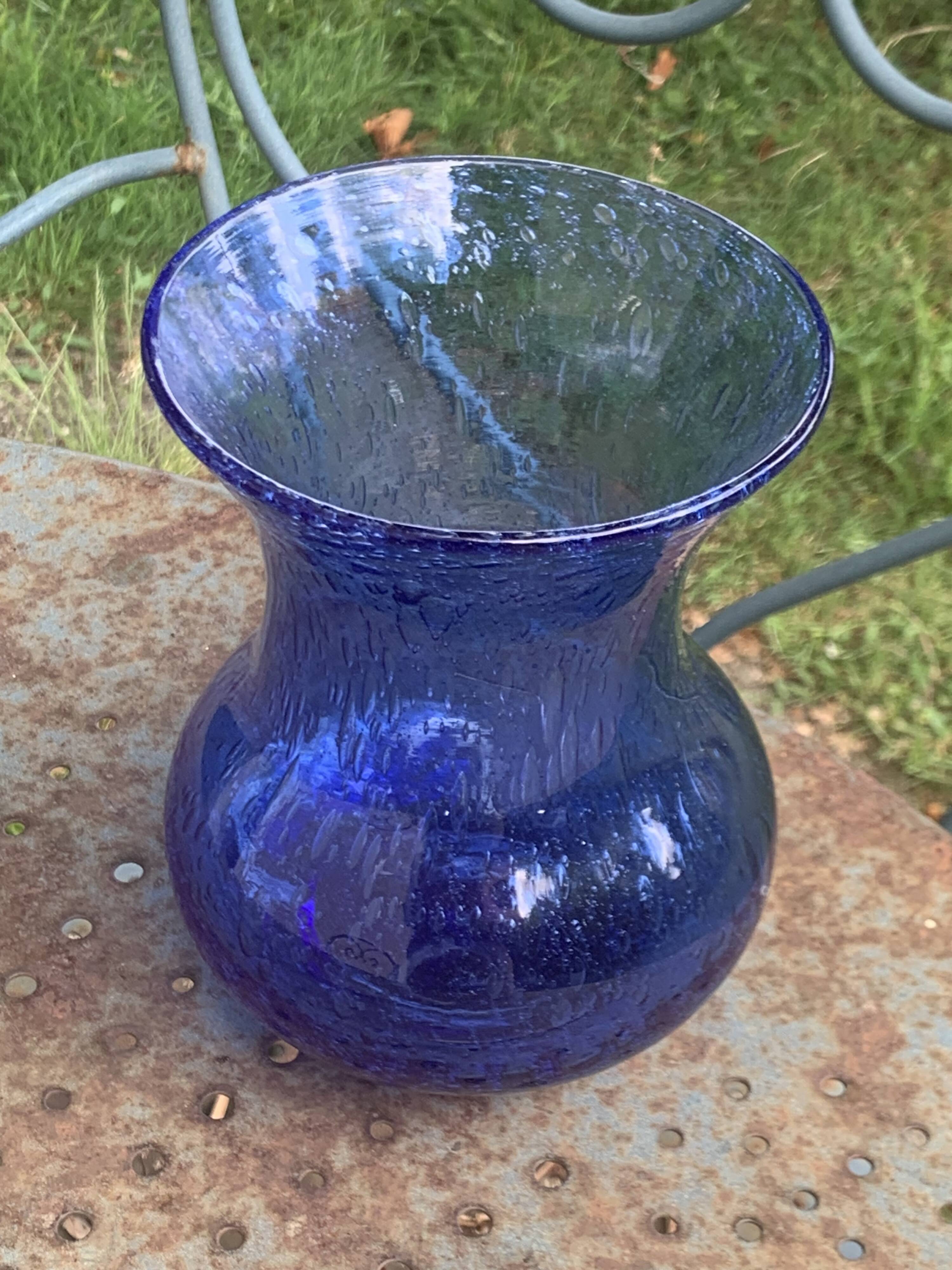 Roman vase in Persian blue blown glass, vintage Biot glassware