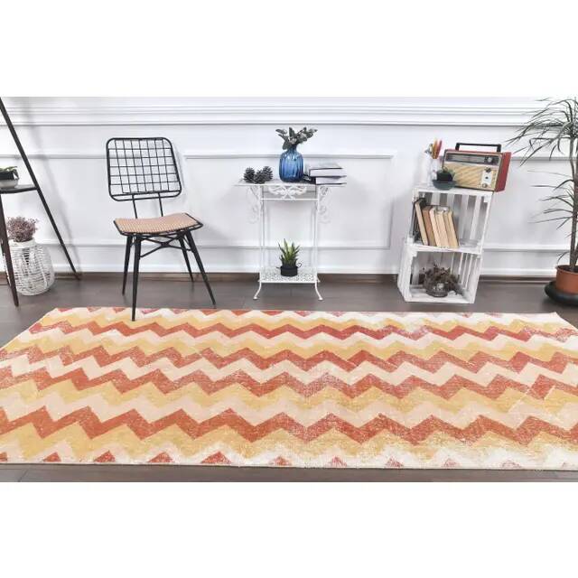 Vintage Chevron Yellow Turkish Hand-Knotted Tribal Runner 111x281