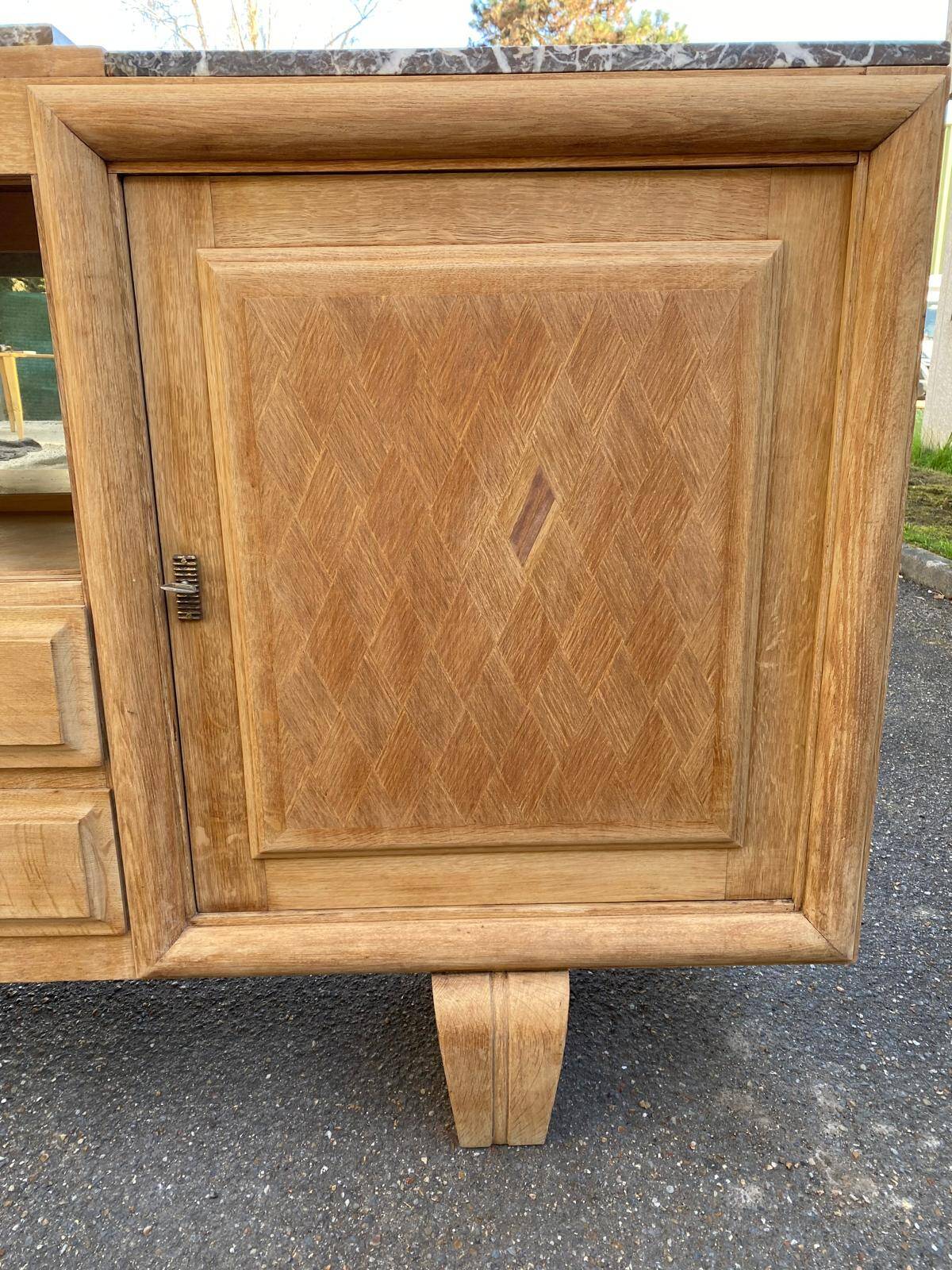 Renovated art deco sideboard in raw solid oak and gray marble 200cm