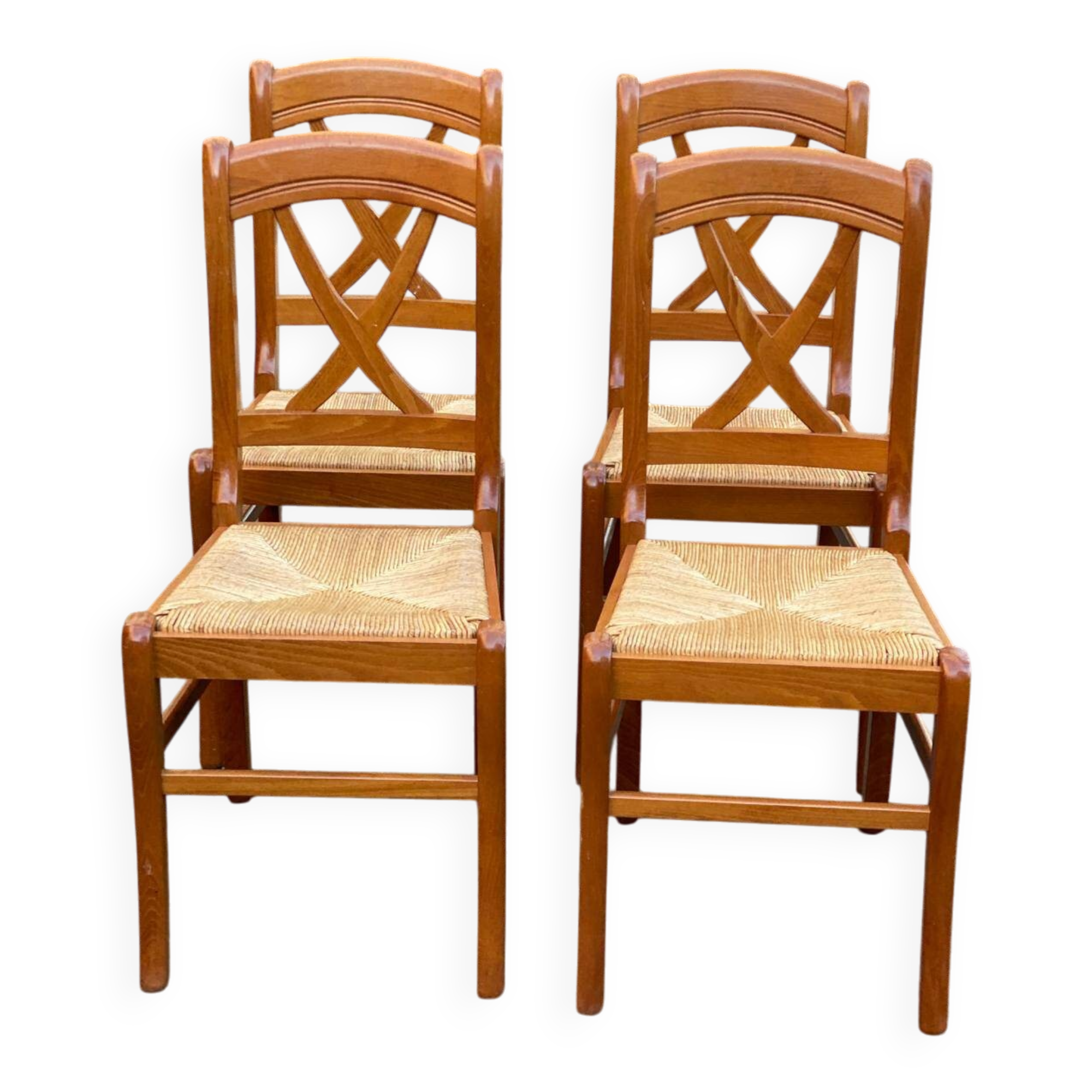 4 medium beech solid wood chairs with rush seats in Louis Philippe style