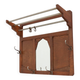 Art Deco oak carved wall coatrack with mirror, France 1920s
