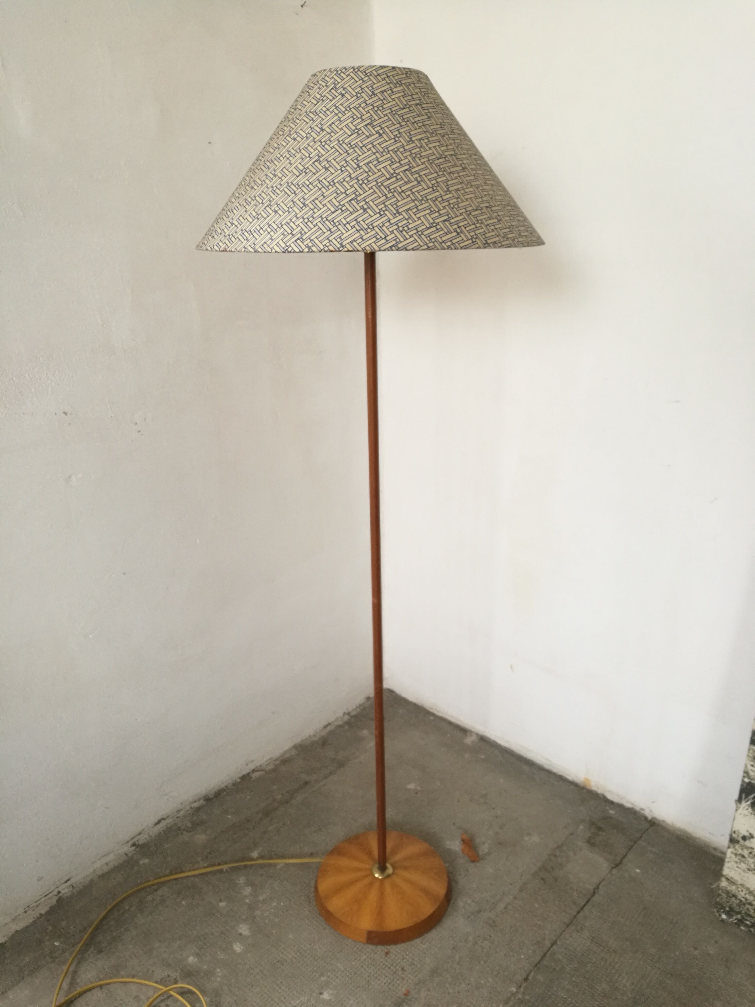 Wood and brass floor lamp