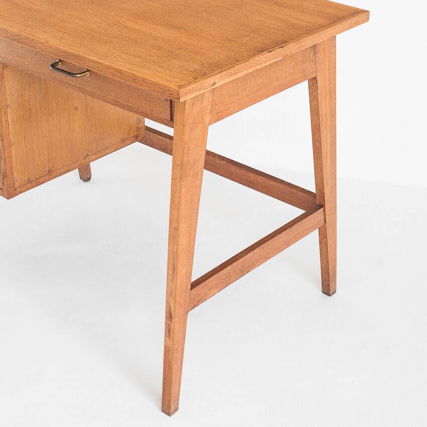 Vintage oak desk. Compass legs with drawers. France, 1950s
