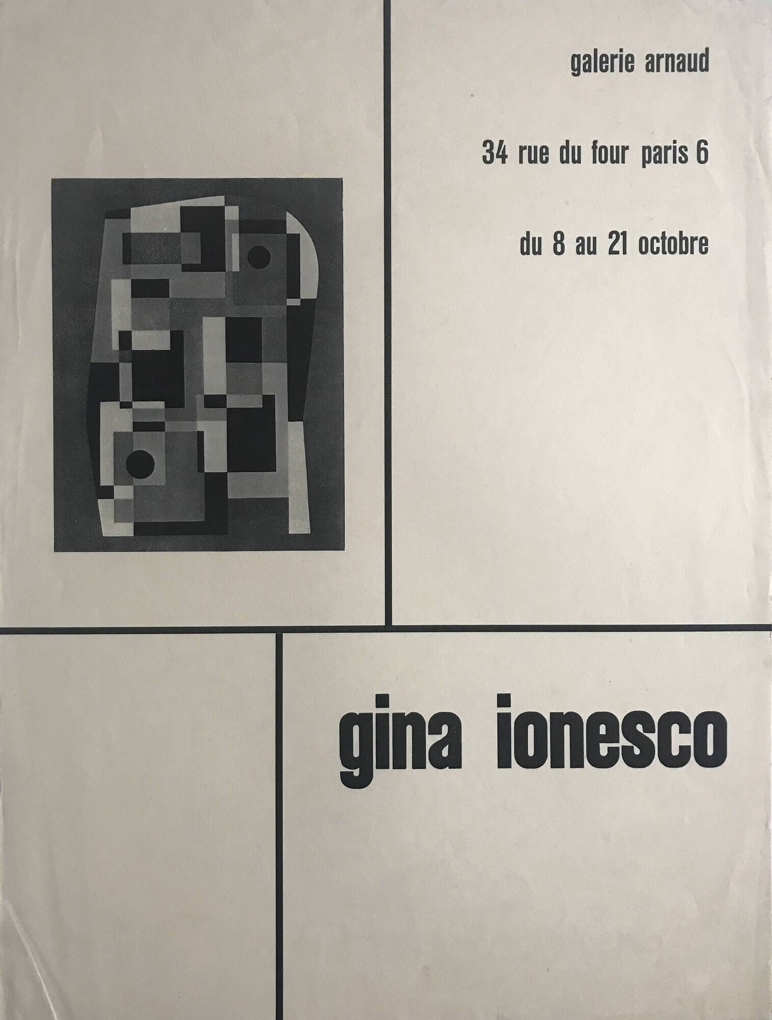 Gina ionesco, galerie arnaud, circa 1955. original poster in b&w