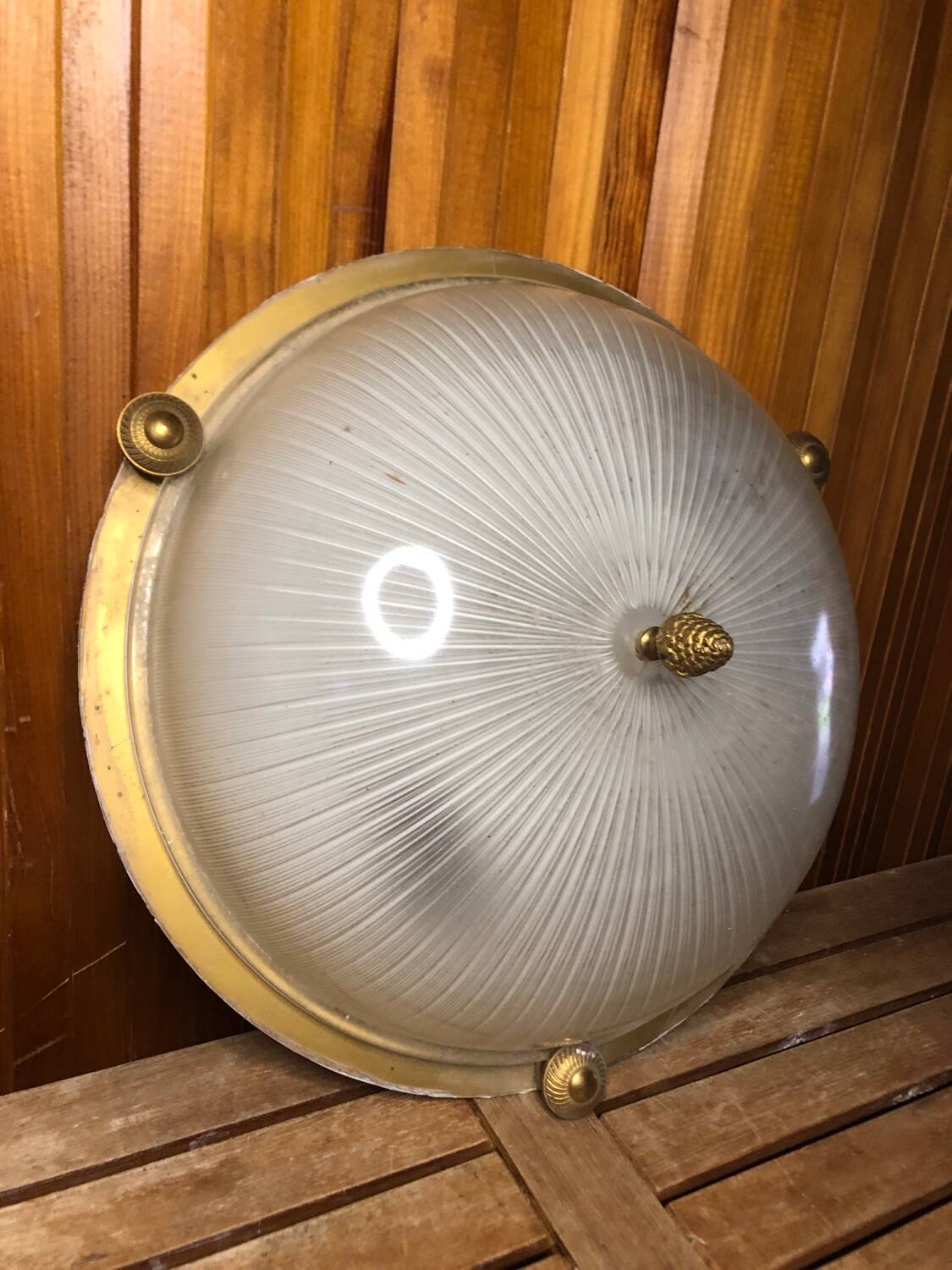 Old molded glass ceiling light + gold metal contour + vintage brass #a491