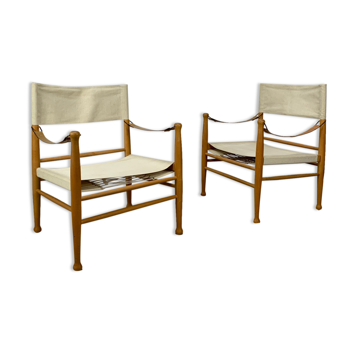 Pair of safari armchairs canvas and leather stretched