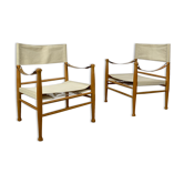 Pair of safari armchairs canvas and leather stretched
