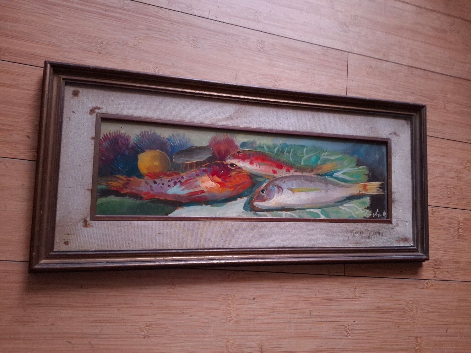 Oil on panel, still life with fish