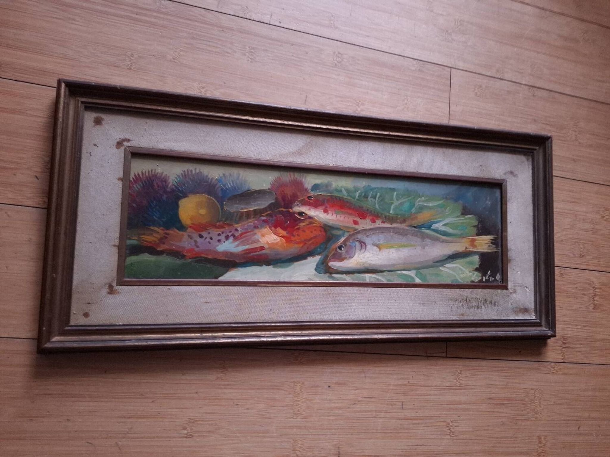 Oil on panel, still life with fish