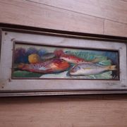 Oil on panel, still life with fish