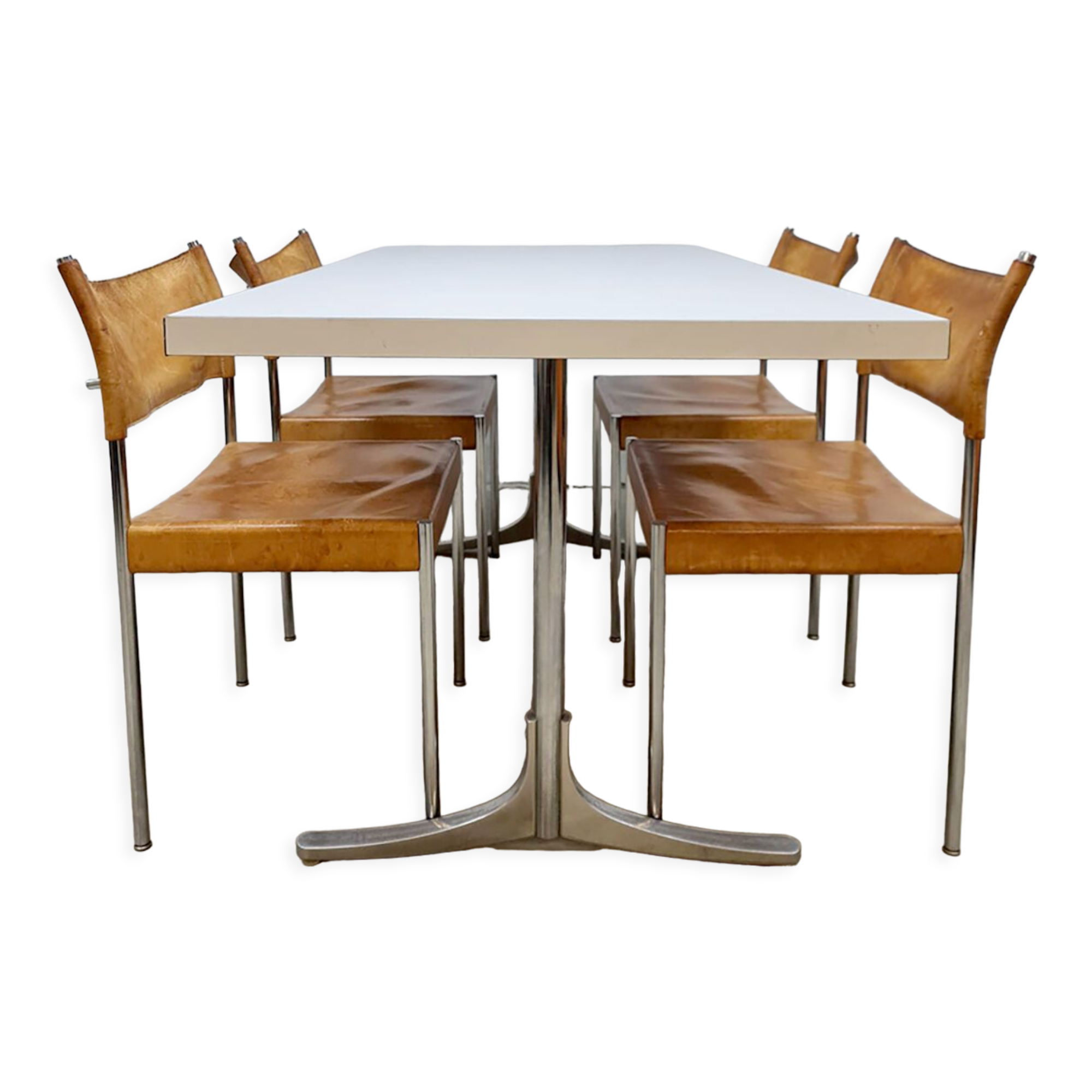 Vintage Dutch design chrome dining set leather chairs 'Minimalism'