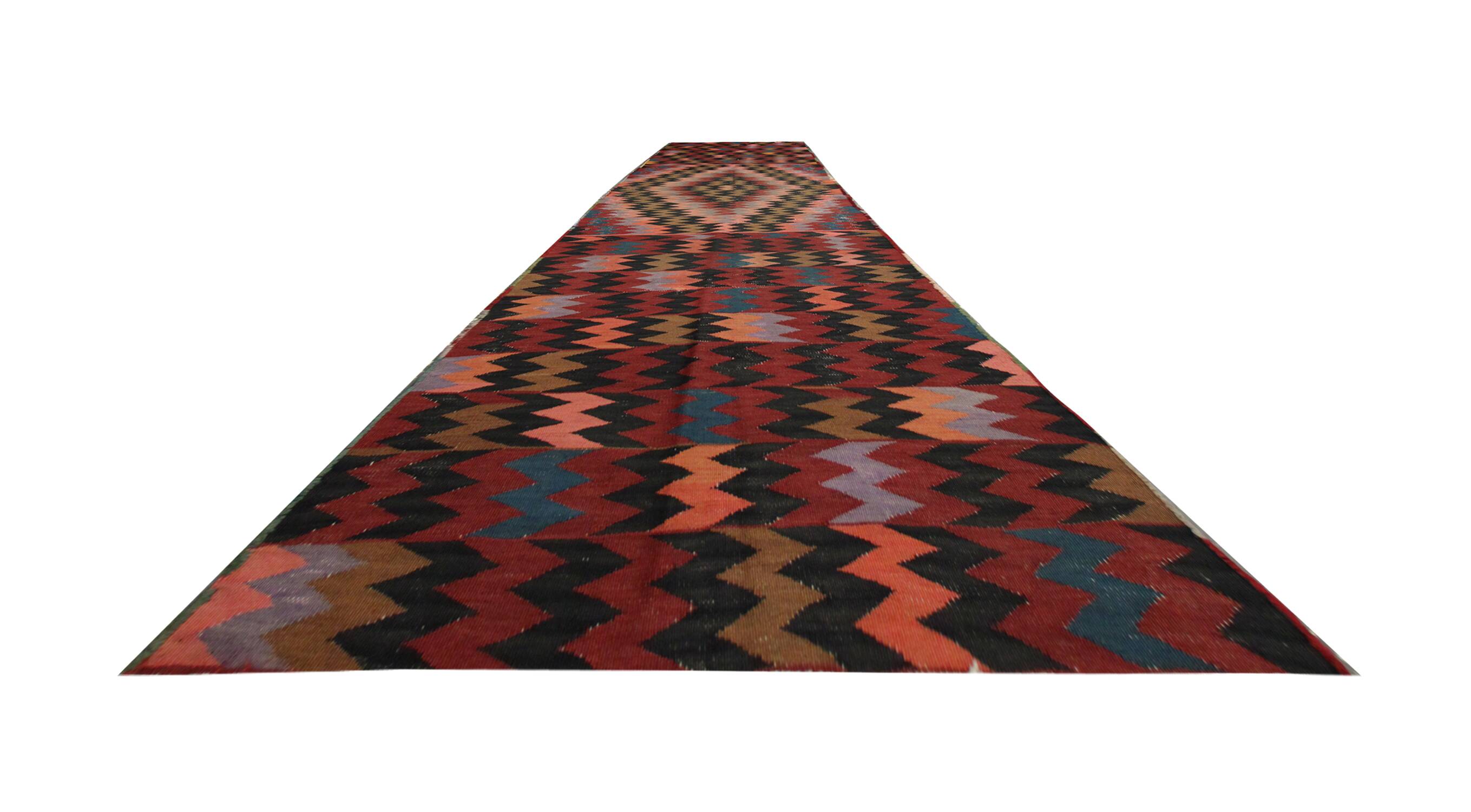 Zig-Zag Kilim Runner Rug, Vintage 1980s Wool Tribal Carpet 298 x 99 cm