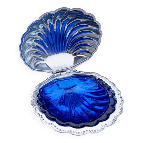 Beurrier en métal argenté et verre bleu