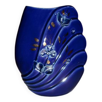 Blue lacquered vase with flowers & applied leaves