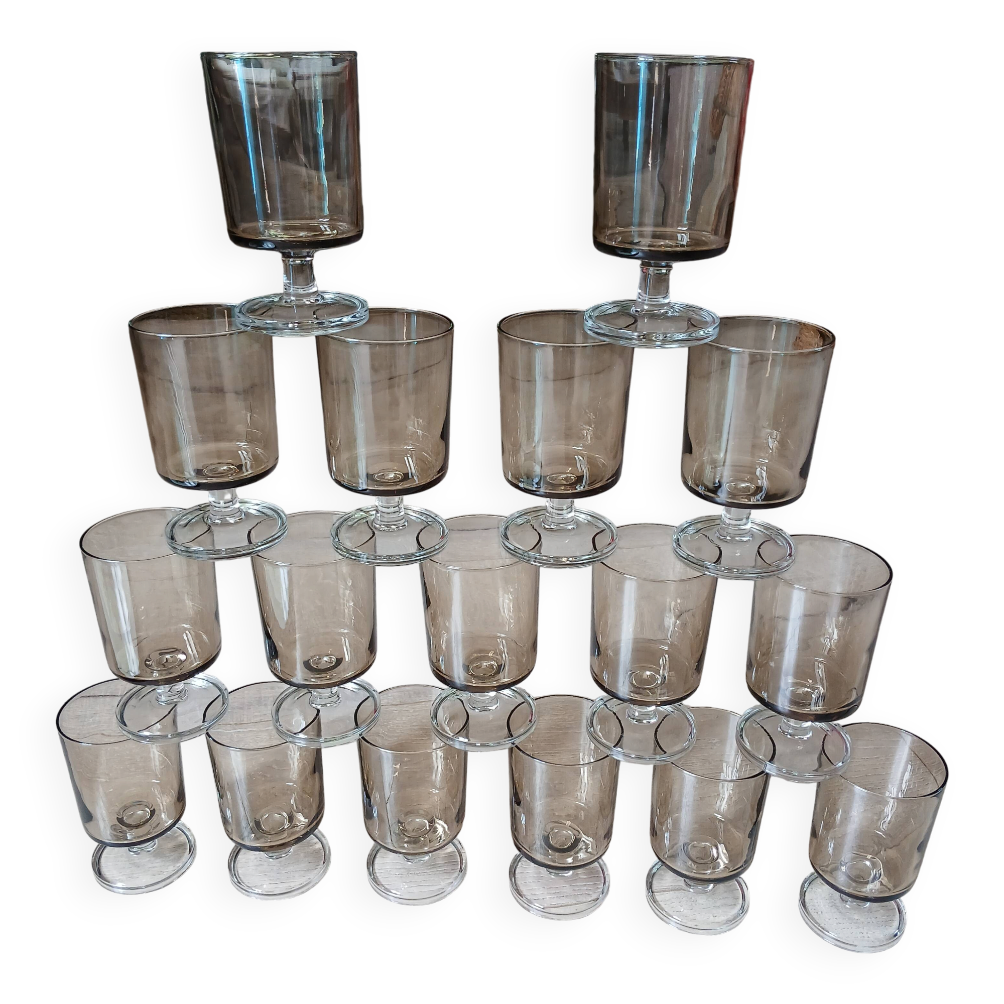 17 vintage stemmed glasses in smoked glass