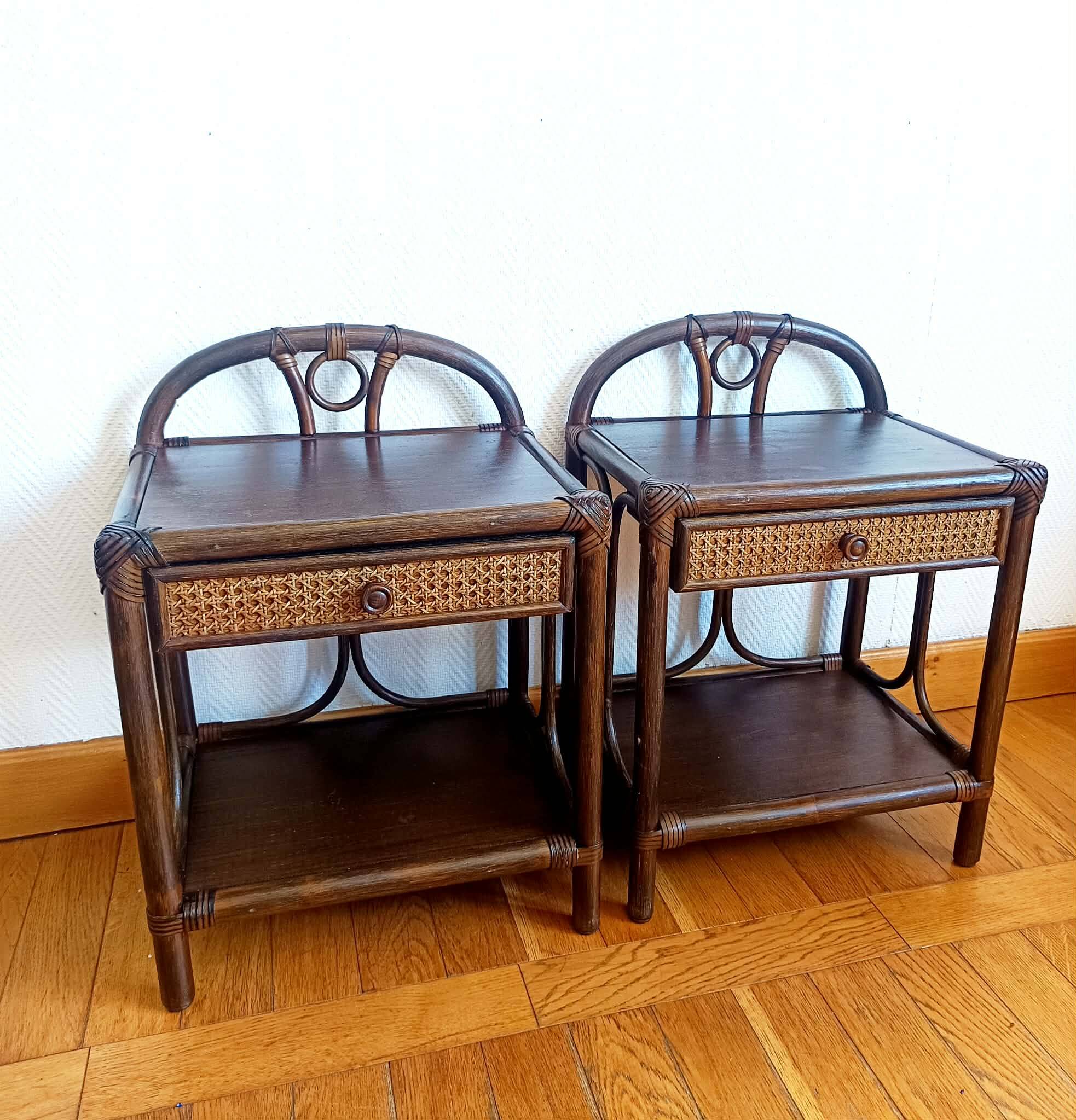 Pair of vintage 1960s rattan bedside tables