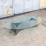 Brutalist coffee table with steel base and 70s glass top