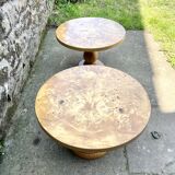 Paire de tables basses rondes, placage loupe 1980