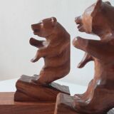 Paire de serre-livres vintage en bois sculpté à la main, décor ours