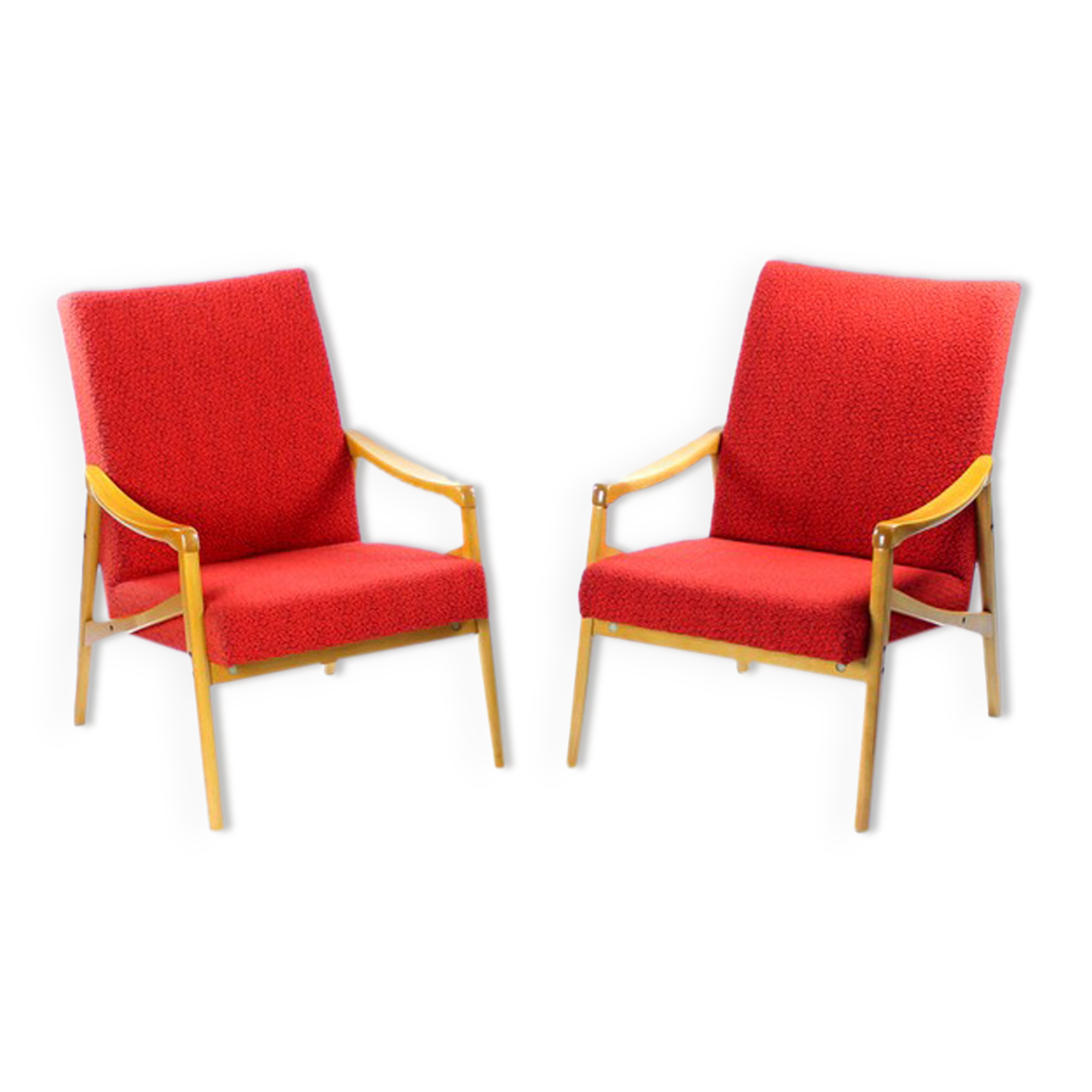 Ensemble de 2 fauteuils du milieu du siècle en hêtre clair & tissu rouge par Interier Praha, Tchécoslovaquie 1971
