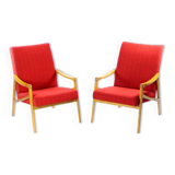 Ensemble de 2 fauteuils du milieu du siècle en hêtre clair & tissu rouge par Interier Praha, Tchécoslovaquie 1971