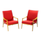 Ensemble de 2 fauteuils du milieu du siècle en hêtre clair & tissu rouge par Interier Praha, Tchécoslovaquie 1971