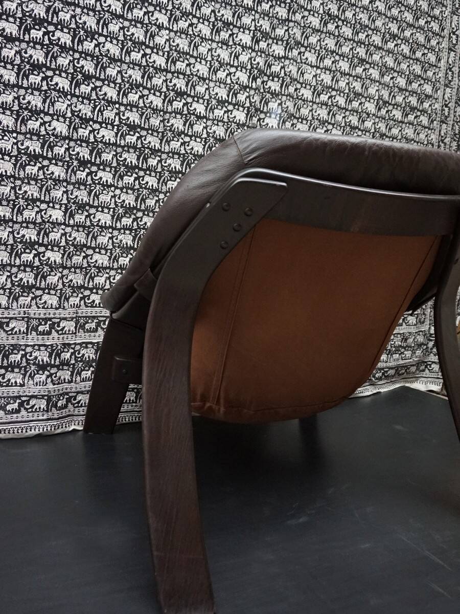 Brutalist brown Leather low Lounge Chair, Norway 1970s