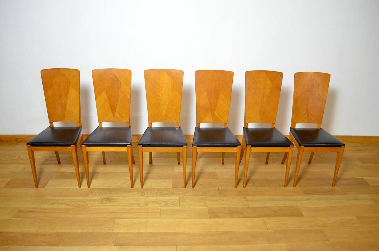 6 Vintage Light Oak Chairs, France 1960
