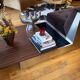 Red Edition Stanley 3-seater sofa with matching chocolate velvet storage.