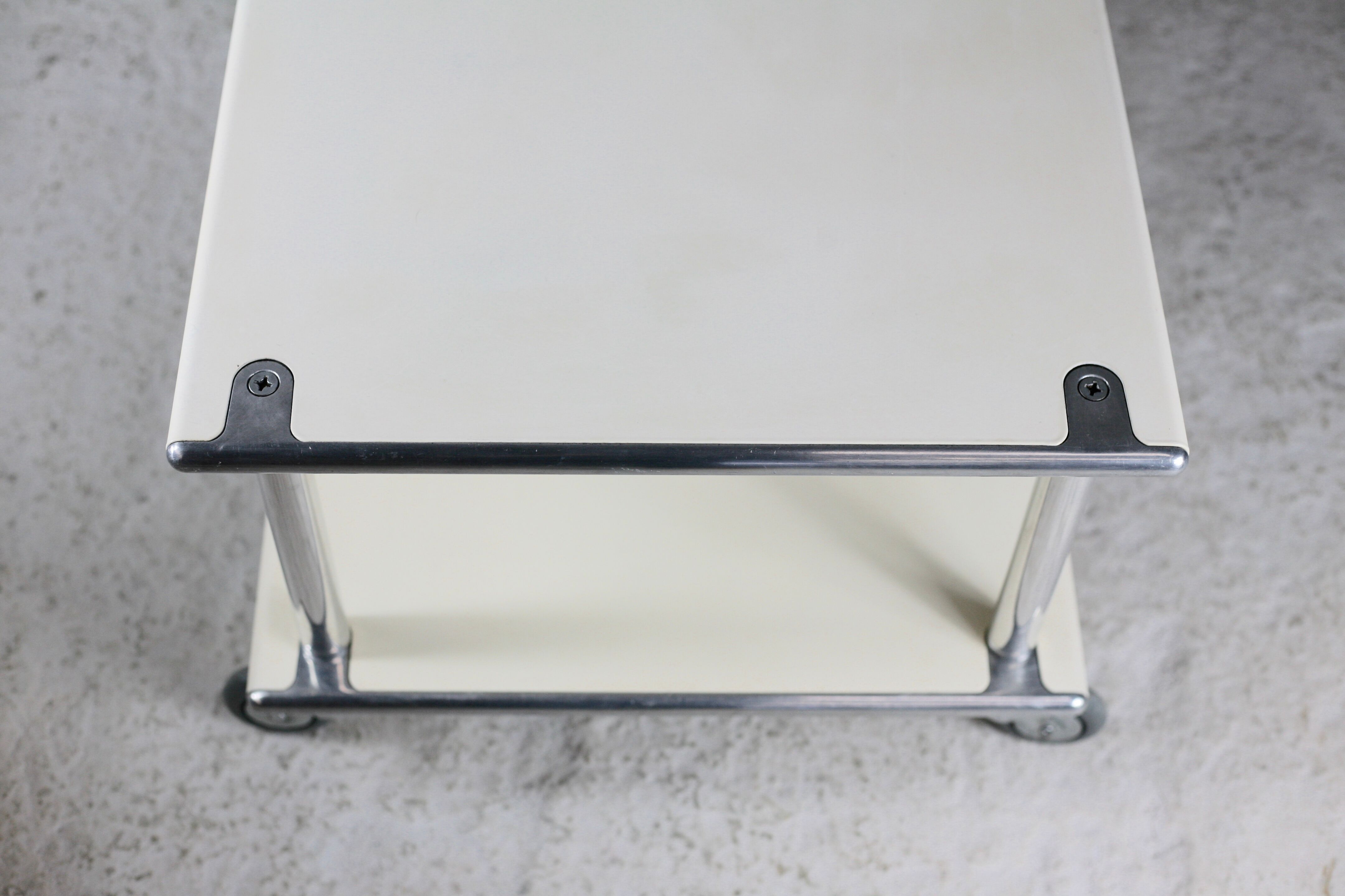 Coffee table in lacquered steel "cream", double trays, France, circa 1970