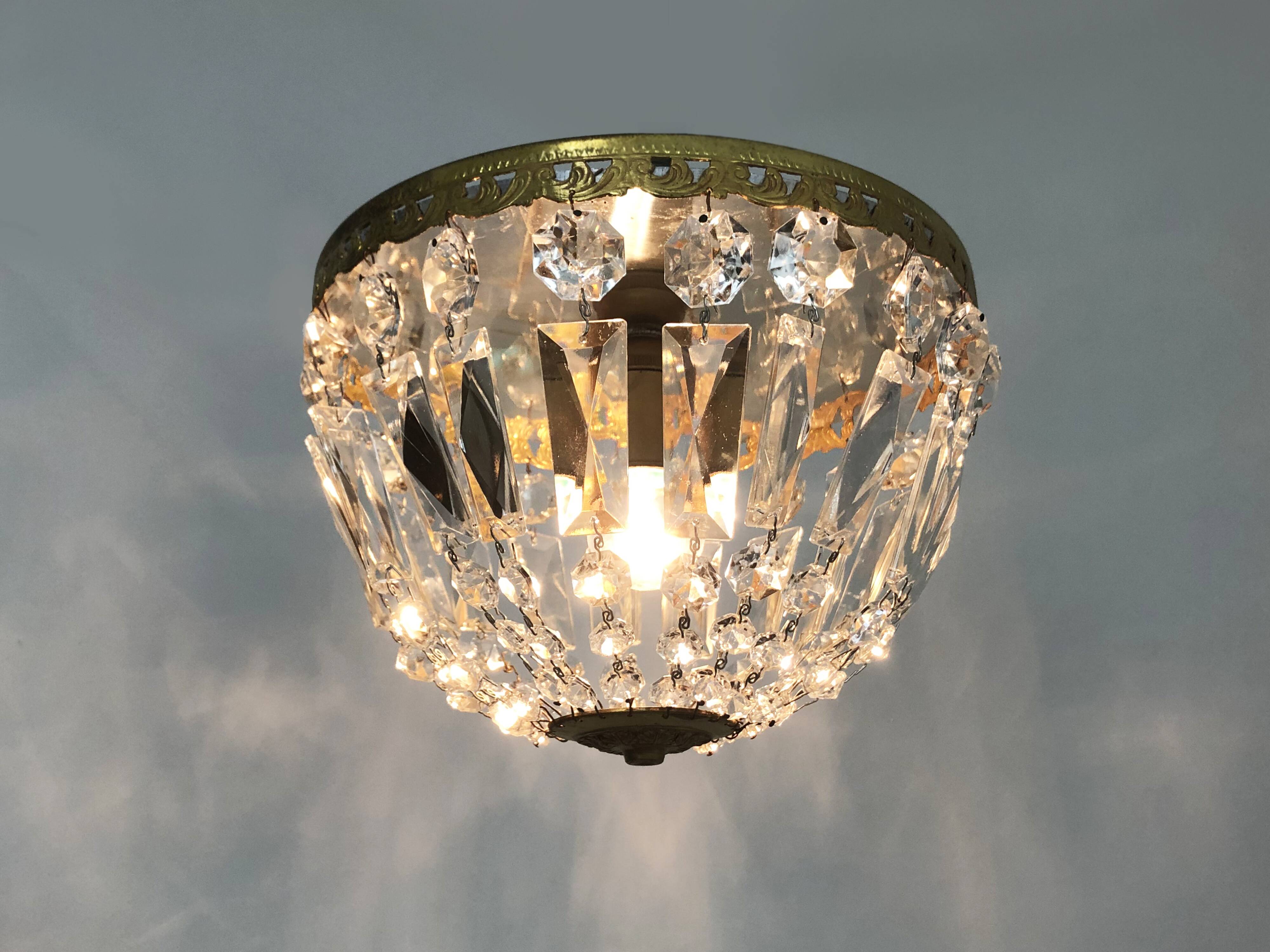 Old crown ceiling light, half basket with glass pendants. louis xvi style