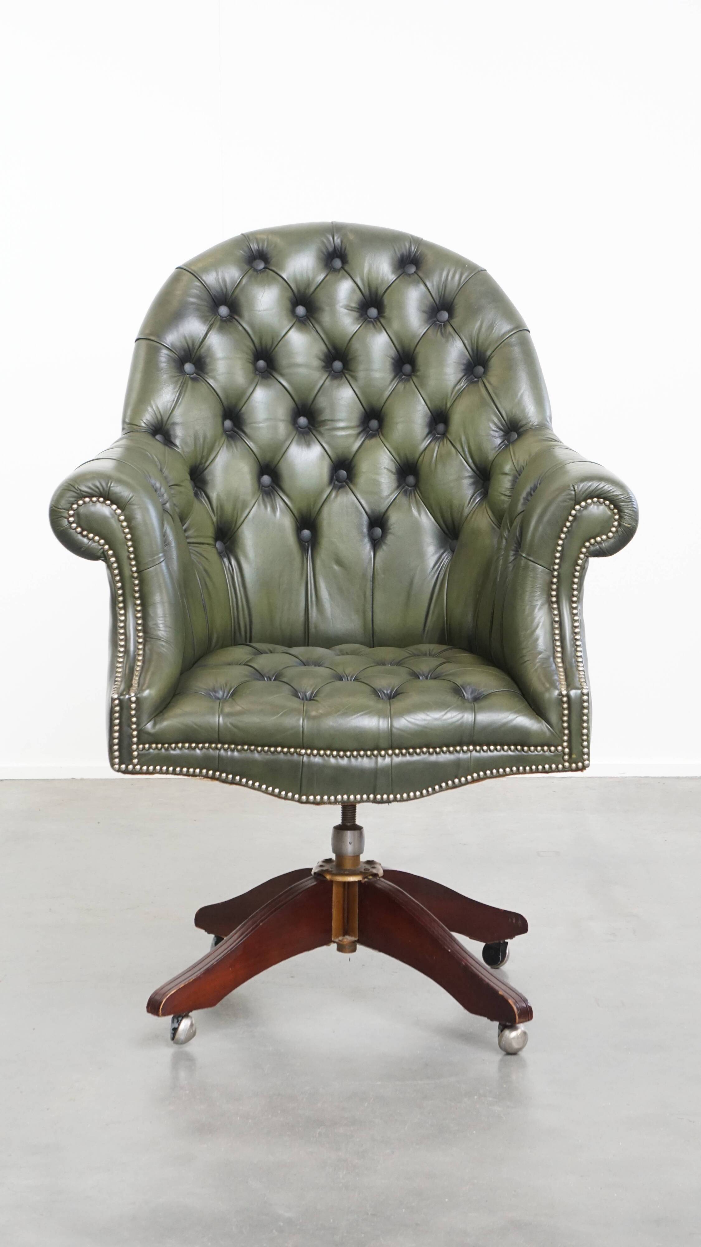 Chesterfield office chair in green cowhide leather on casters with high back