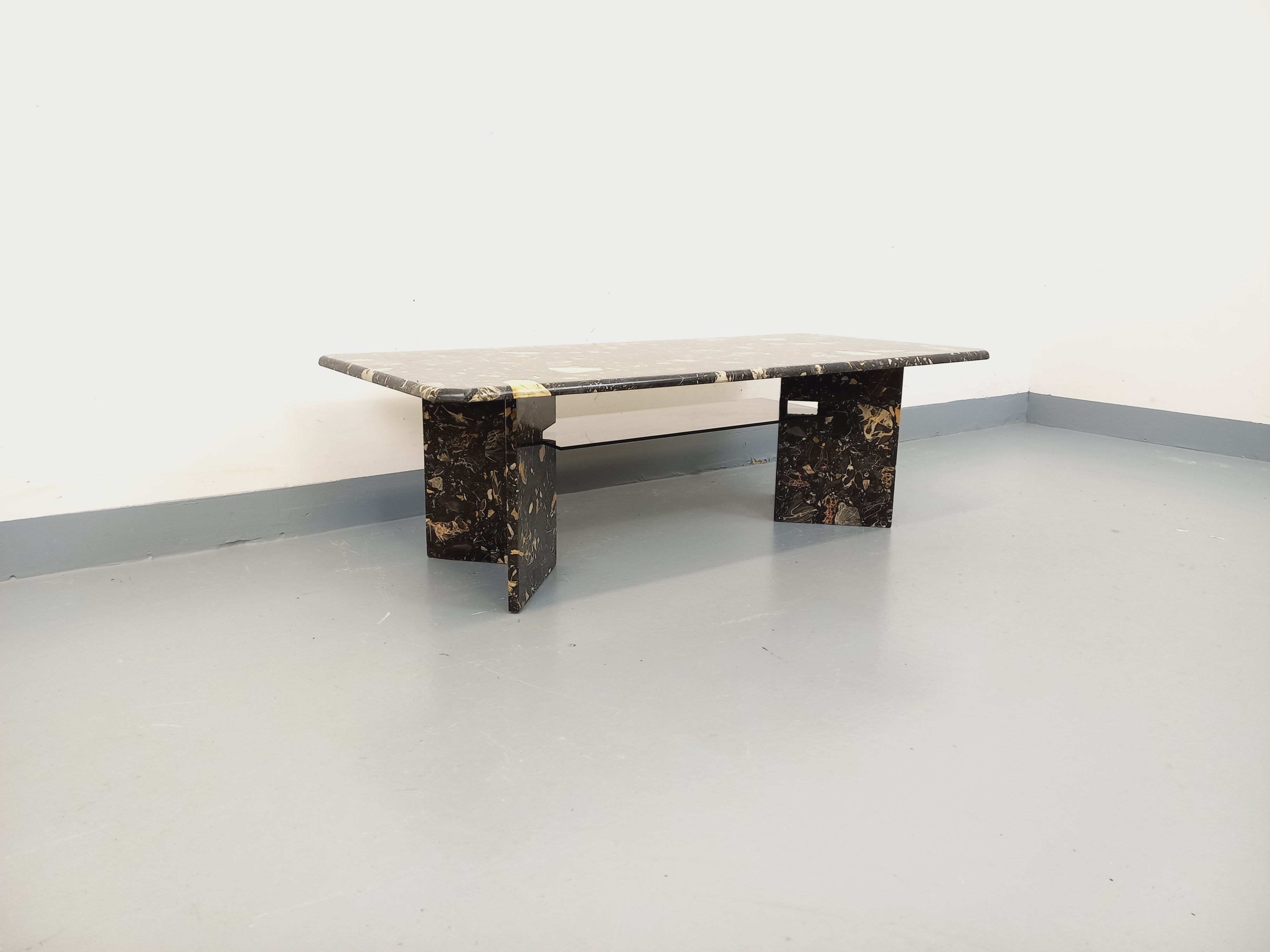 Vintage rectangular coffee table in black marble and smoked glass from the 1970s.