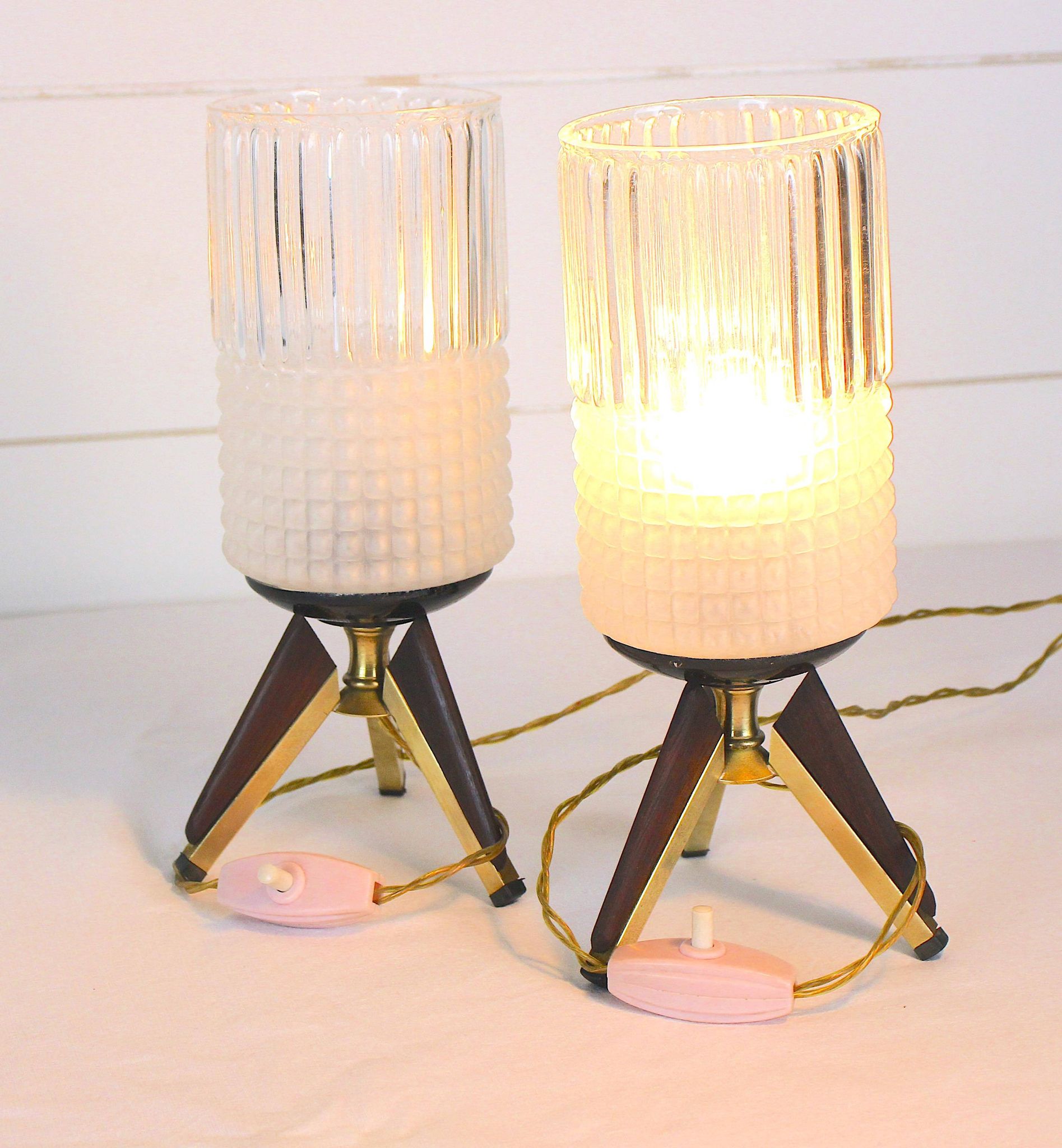 Pair of bedside lamps, Brass, Teak, Venetian glass, Italy, 1950