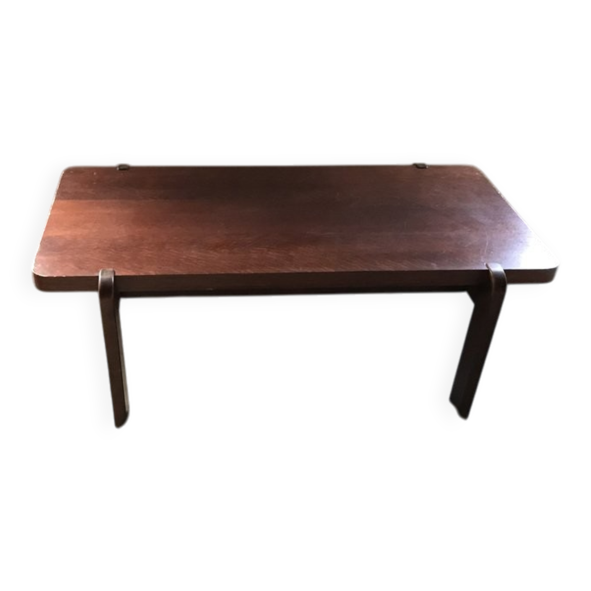Table basse mid-century en bois marron 1970, plateau rectangulaire coins arrondis