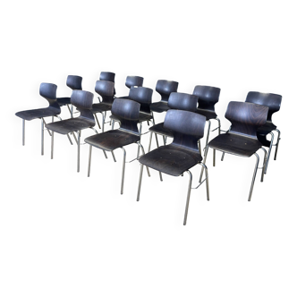 Lot de 14 chaises Flototto bois wengé acier chromé 1970