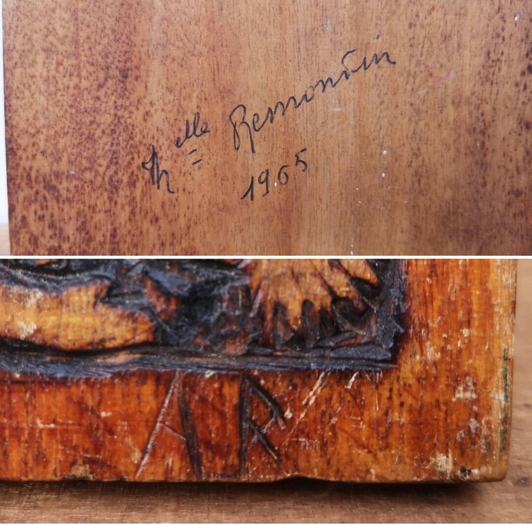 Old oil on wooden panel, carved contours