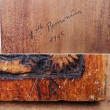 Old oil on wooden panel, carved contours