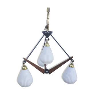 Suspension vintage teck et opaline création Targetti Sankey, vintage, années 60