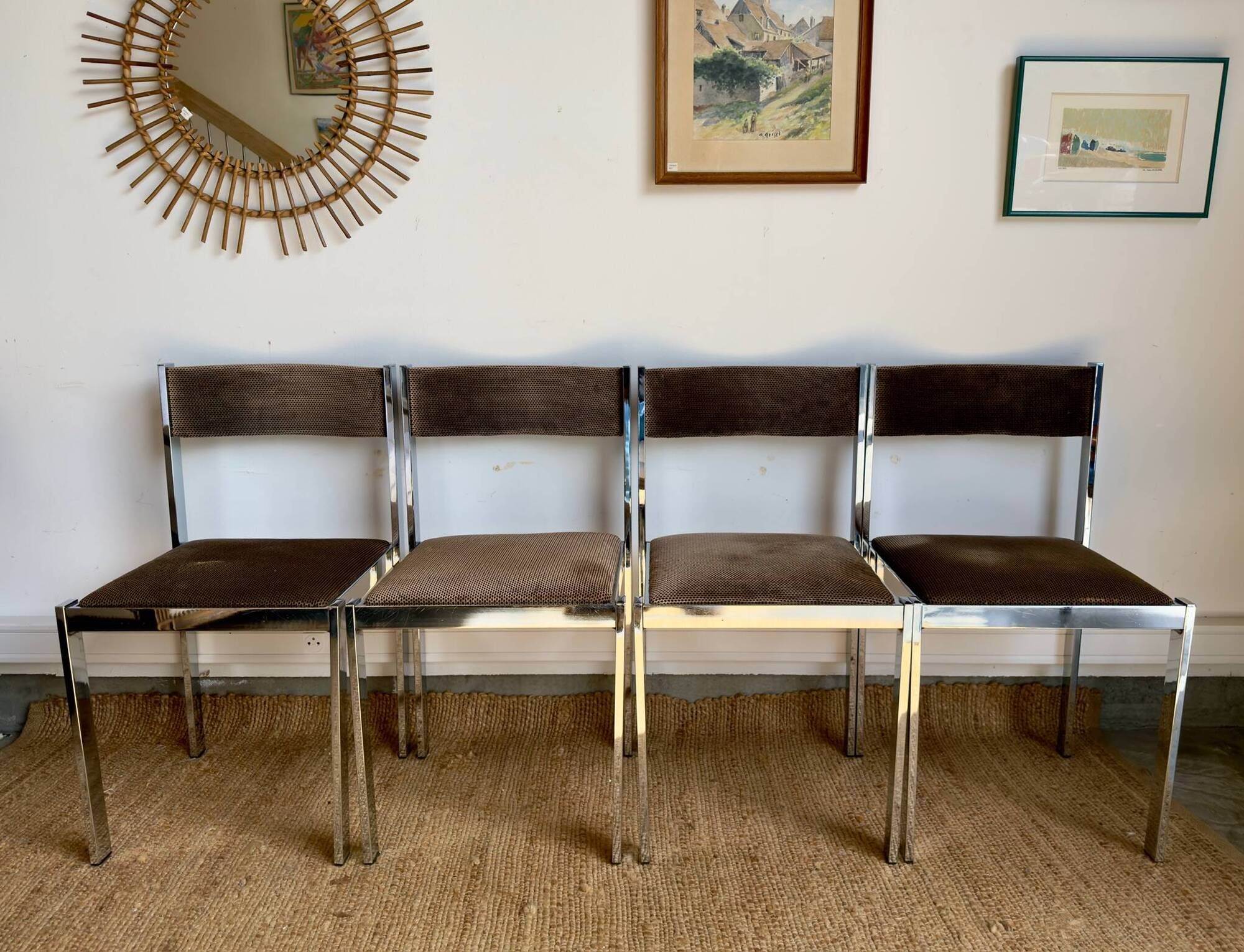 Suite de 4 chaises Sigma vintage en chrome et velours – design années 70