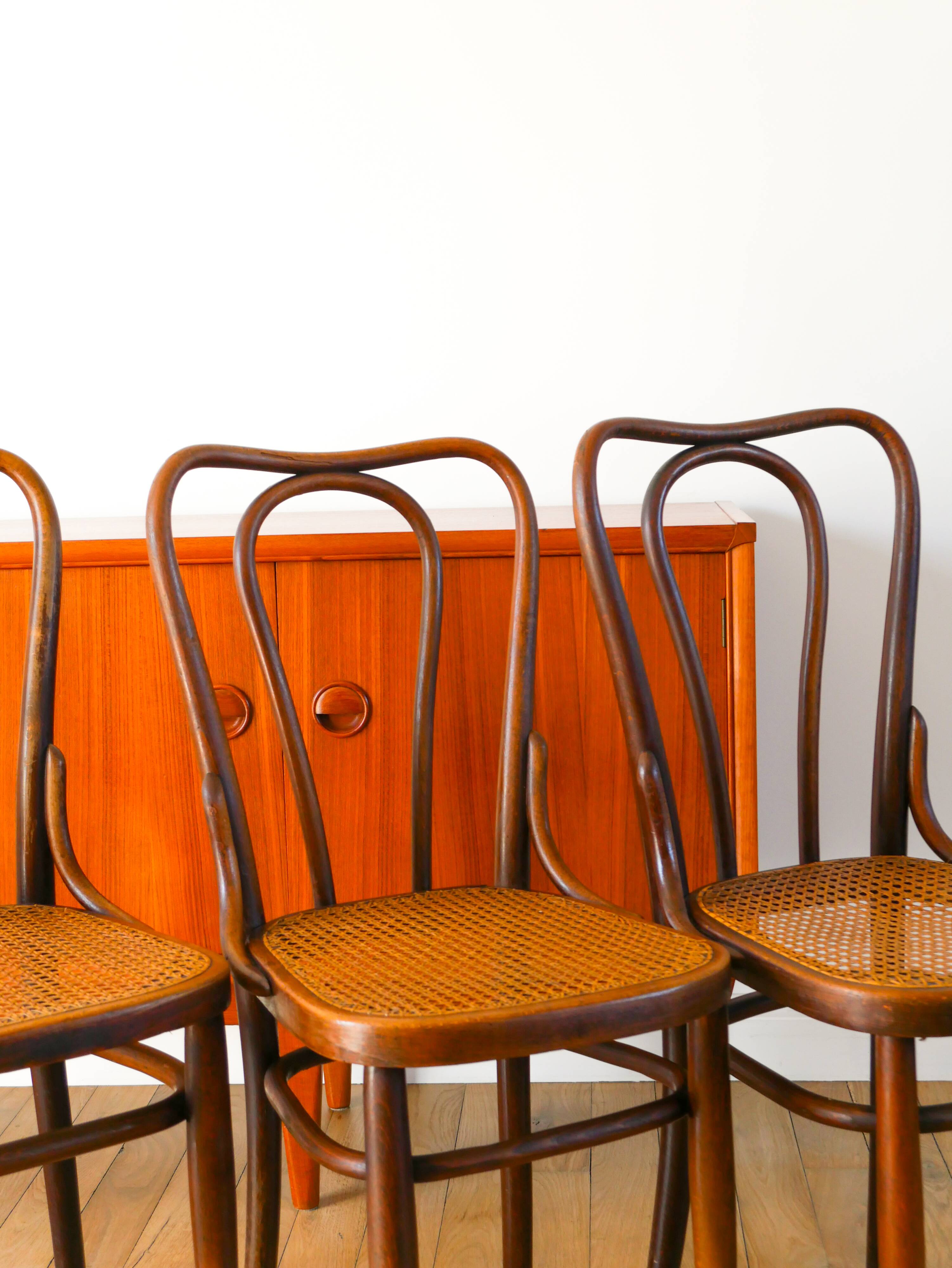 Set of 3 bistro chairs in wood and canework signed J. Kohn, Made in Austria, 20th century